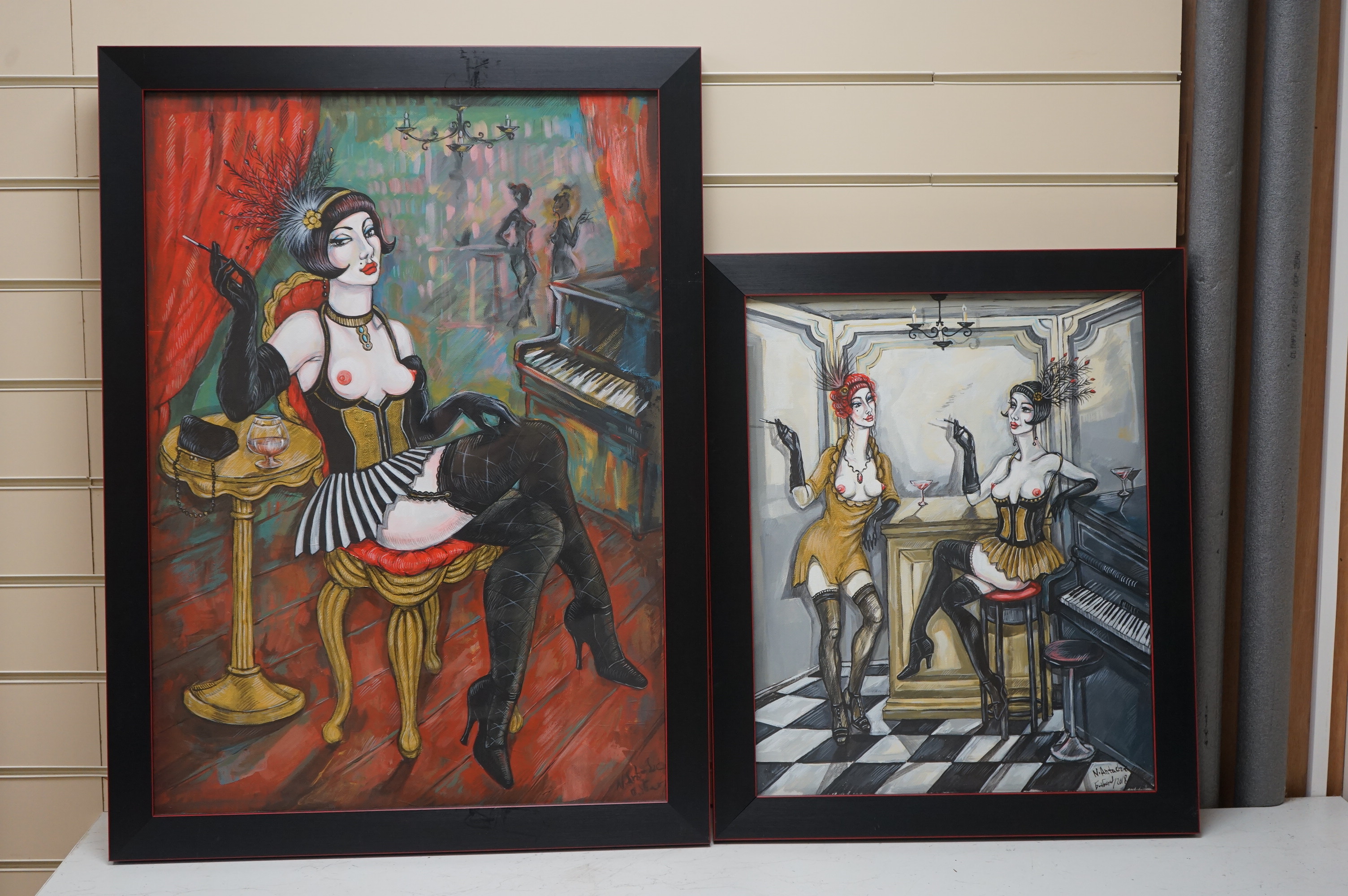 Natia Antadze (b.1976), two oils on canvas, Art Deco burlesque women, each signed, one dated 2018, largest 69 x 49cm. Condition - good